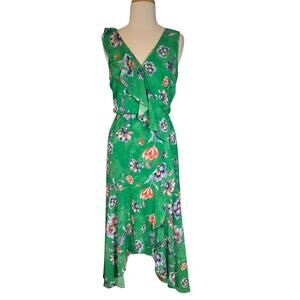 Green Floral Maxi Bar III M Sleeveless Wrap Ruffle Summer Midi Garden Party Boho